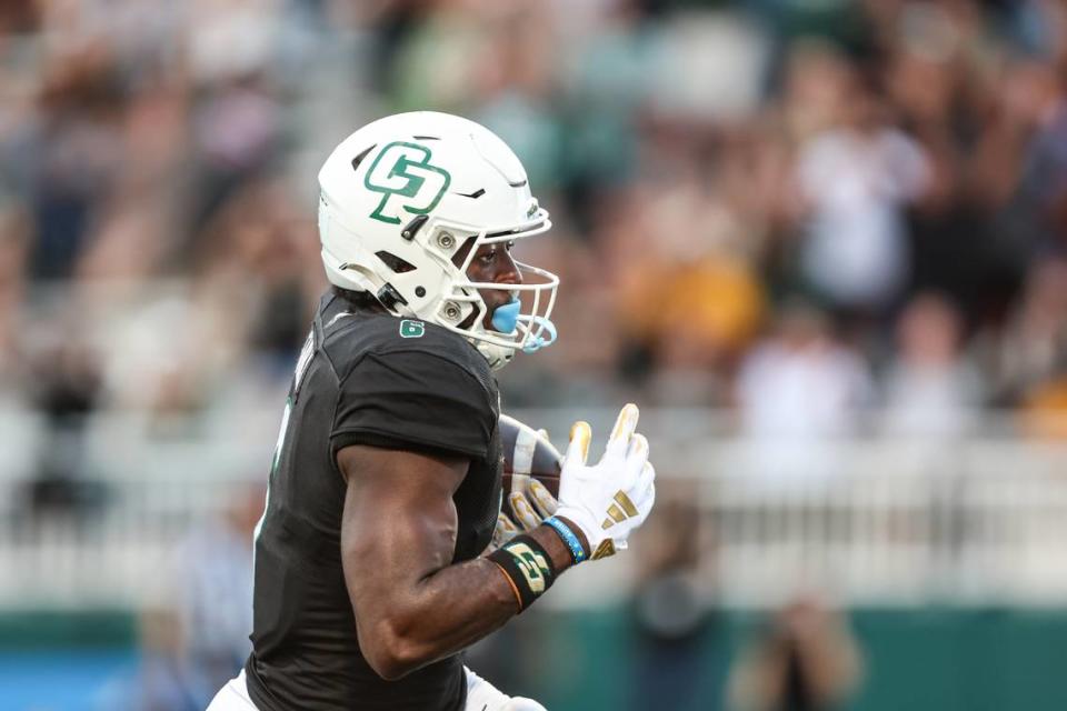 Cal Poly Mustangs wide receiver Tyrece Fairly-Diyem (6) runs for a touchdown in the first half of the Mustangs’ 42-14 loss to Idaho at Alex G. Spanos Stadium on Oct. 7, 2023.