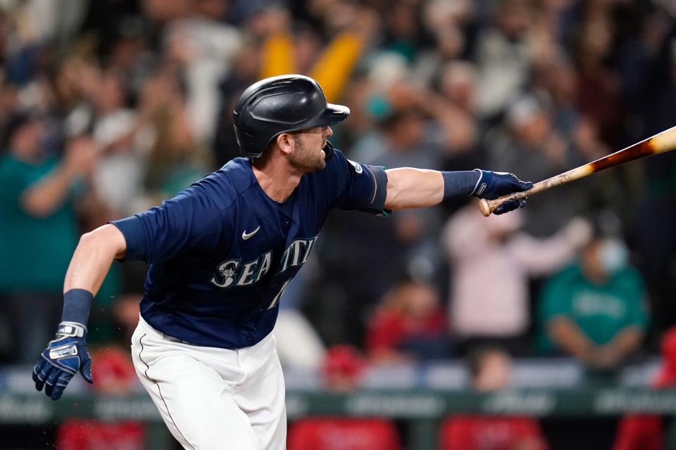 Seattle Mariners' Mitch Haniger singles in a pair of runs against the Los Angeles Angels last season.