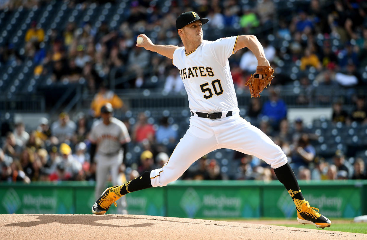 PITTSBURGH, PA - APRIL 20: Jameson Taillon #50 of the Pittsburgh Pirates delivers a pitch in the first inning during the game against the San Francisco Giants at PNC Park on April 20, 2019 in Pittsburgh, Pennsylvania. (Photo by Justin Berl/Getty Images)