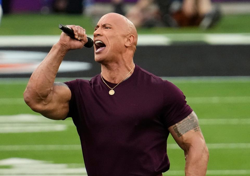 Dwayne Johnson charges up the crowd before Super Bowl LVI between the Los Angeles Rams and the Cincinnati Bengals at SoFi Stadium.