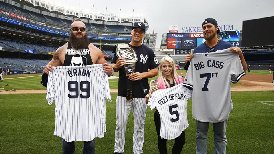 Aaron Judge with WWE superstars Braun Strowman, Alexa Bliss and Big Cass. (@Yankees)