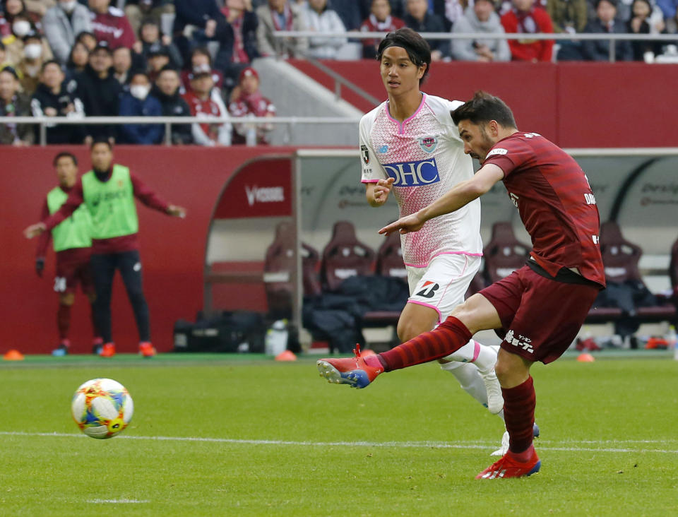 Vissel Kobe's David Villa scores his first goal in Japan against Sagan Tosu during a J-League soccer match in Kobe, western Japan, Saturday, March 2, 2019.(Kyodo News via AP)