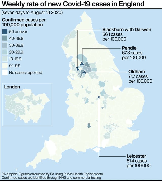 Weekly rate of new Covid-19 cases in England