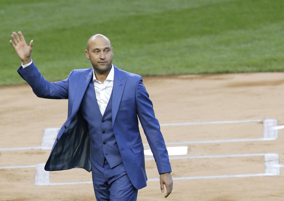 Derek Jeter at his Yankees retirement ceremony on May 14, 2017, in New York. Now he’ll go from the Yankees to the Marlins, in a business role. (AP)