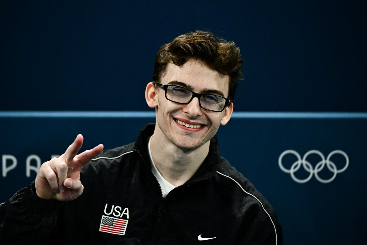 US' Stephen Nedoroscik makes a V-sign during the artistic gymnastics men's qualification during the Paris 2024 Olympic Games at the Bercy Arena in Paris, on July 27, 2024. (Photo by Gabriel BOUYS / AFP) (Photo by GABRIEL BOUYS/AFP via Getty Images)