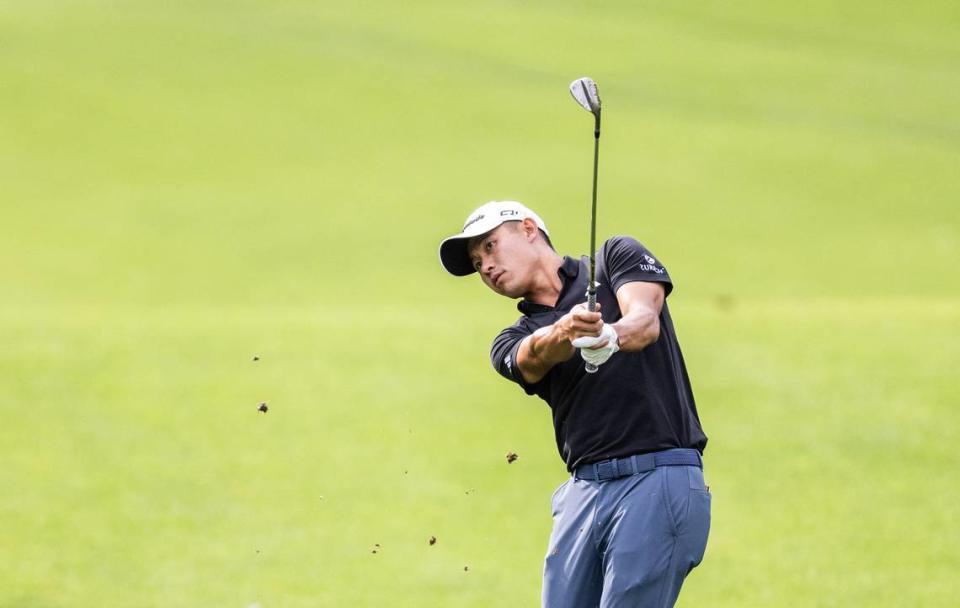 Collin Morikawa hits from the 8th fairway during round one of the Wells Fargo Championship at Quail Hollow Club in Charlotte, N.C., on Thursday, May 9, 2024.