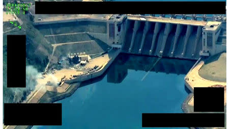 The Tabqa dam on the Euphrates river. Image released by Syrian Democratic Forces. Social Media Website via Reuters TV