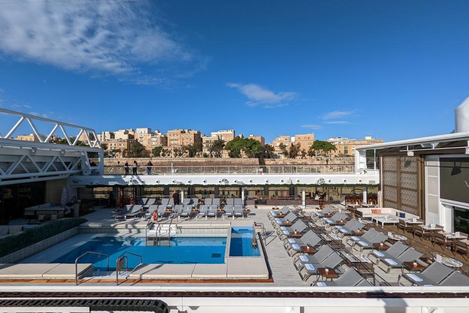 The pool deck onboard the Viking Venus ship docked in Malta