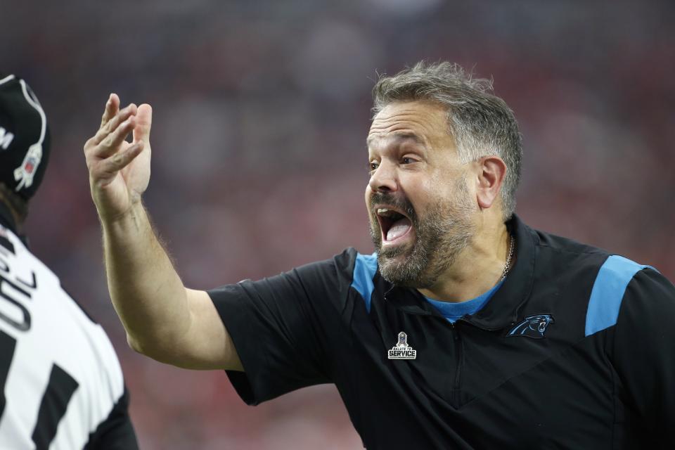 Carolina Panthers head coach Matt Rhule argues with officials during the first half of an NFL football game against the Arizona Cardinals Sunday, Nov. 14, 2021, in Glendale, Ariz. (AP Photo/Ralph Freso)
