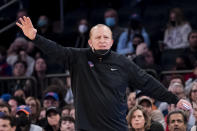 New York Knicks head coach Tom Thibodeau works the bench during the second half of an NBA basketball game against the Los Angeles Clippers, Sunday, Jan. 23, 2022, in New York. (AP Photo/John Minchillo)