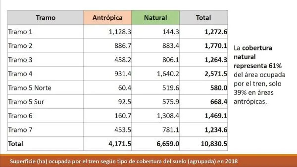 Superficie ocupada por el tren, según tipo de cobertura del suelo. Tabla realizada por CartoCrítica.