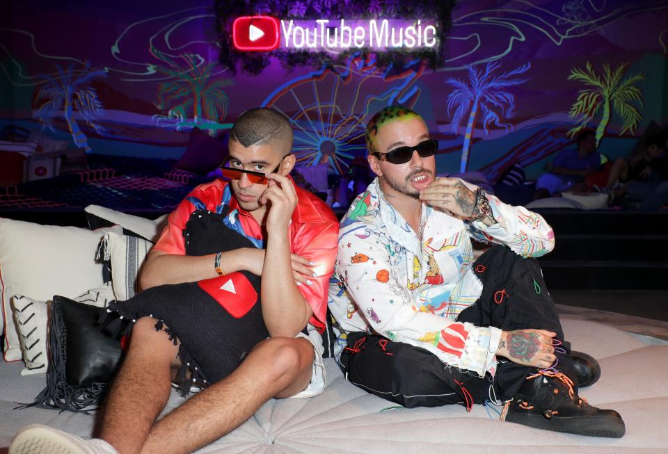 Bad Bunny and J Balvin perform at the YouTube Music Artist Lounge at Coachella 2019 in Indio, California on April 14, 2019.