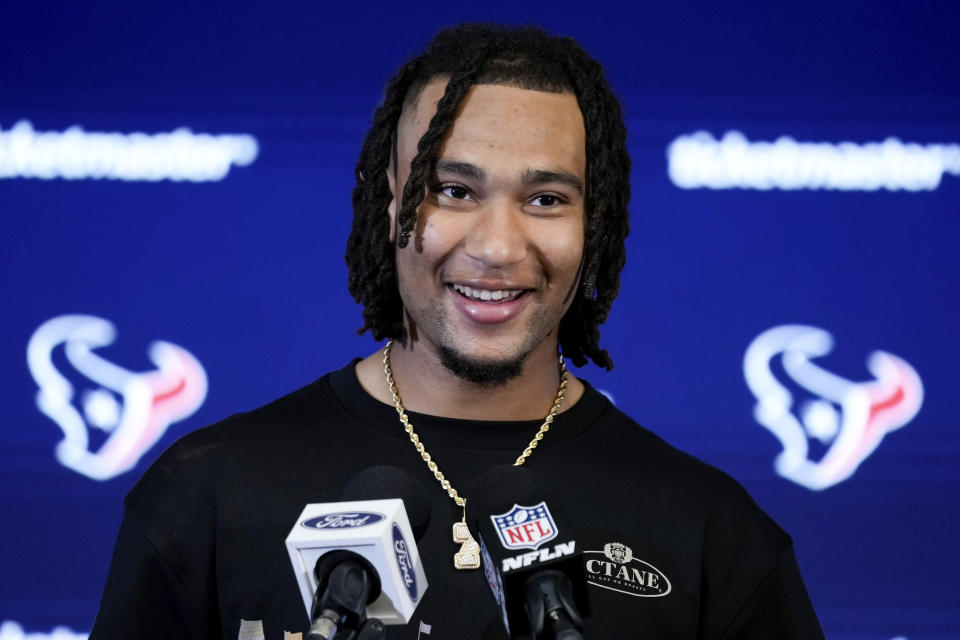 Houston Texans quarterback C.J. Stroud speaks to the media following the team's win against the New Orleans Saints in an NFL football game, Sunday, Oct. 15, 2023, in Houston. (AP Photo/Eric Christian Smith)