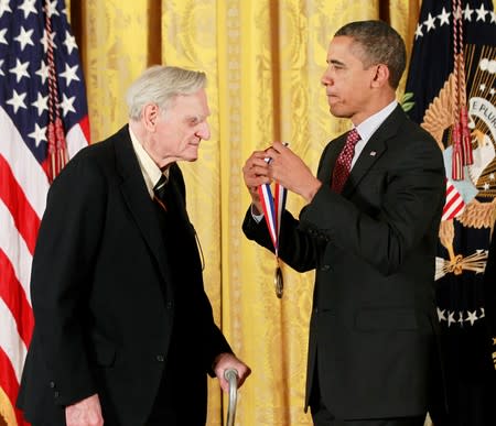 U.S. President Obama presents the National Medal of Science award to Dr. John Goodenough, University of Texas at Austin during a ceremony in the East Room of the White House in Washington