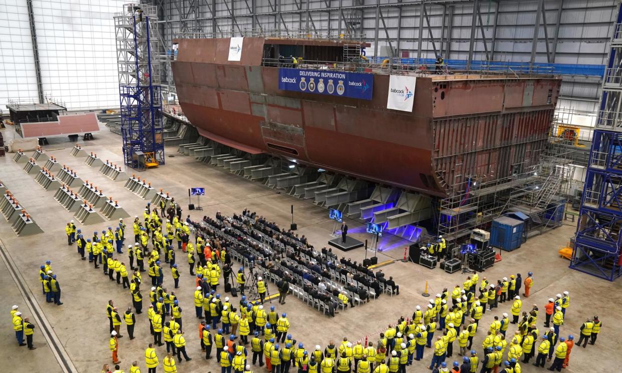 <span>A ceremony to mark the start of work on the Royal Navy frigate HMS Active at Rosyth dockyard in January.</span><span>Photograph: Andrew Milligan/PA</span>