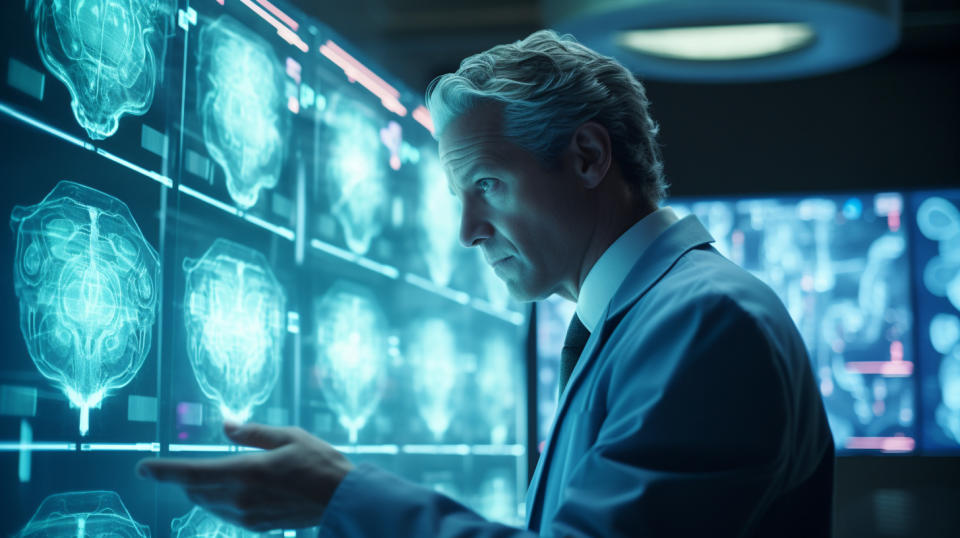 A doctor examining a MRI scan and pointing to an image of a cancerous tumor.