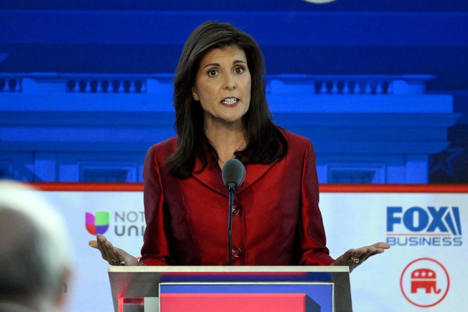Nikki Haley speaks during the Republican presidential primary debate Wednesday at the Ronald Reagan Presidential Library and Museum.