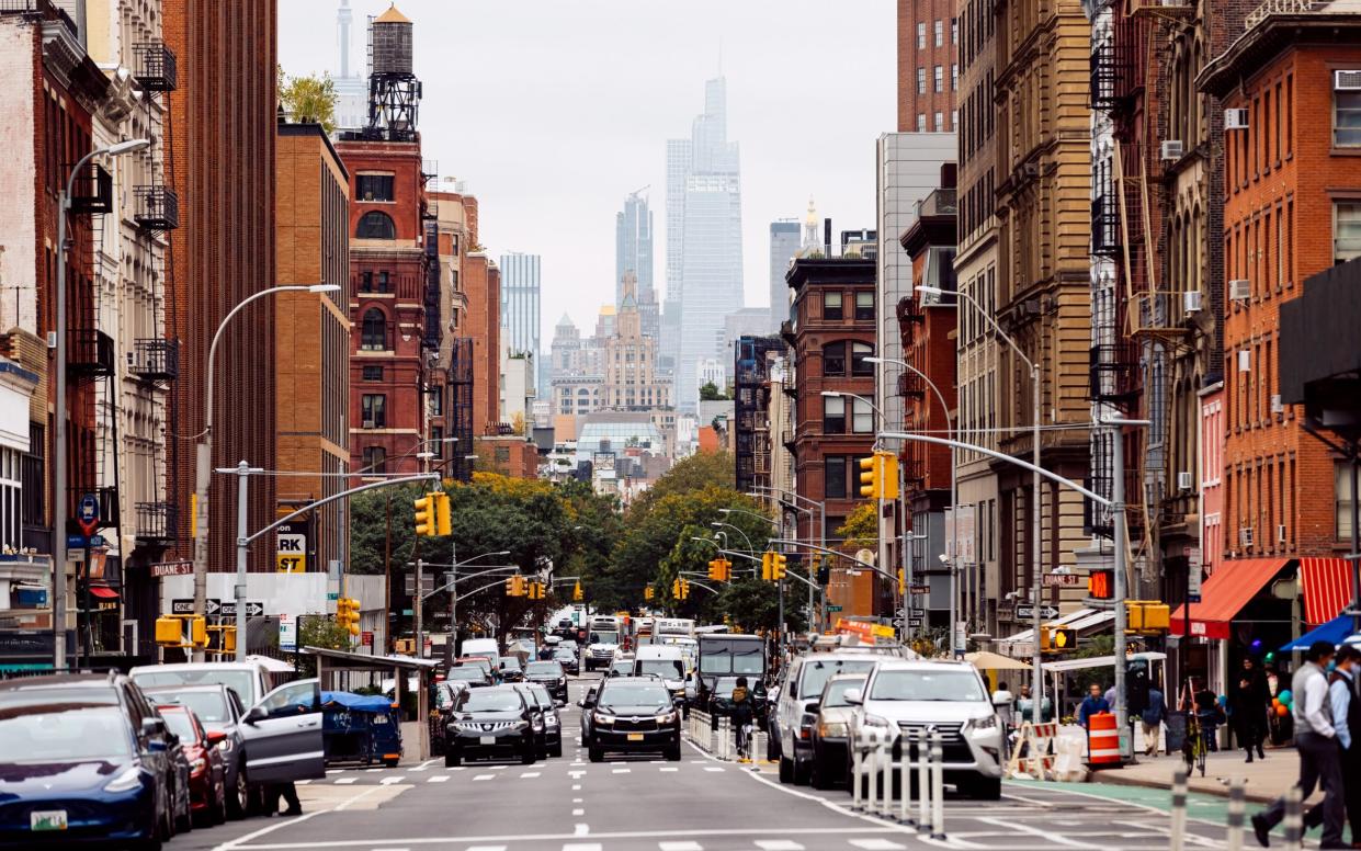 A busy street scene in Manhattan