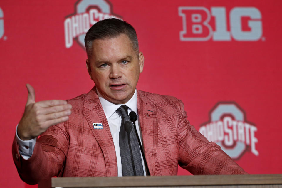 Ohio State men's head coach Chris Holtmann speaks during Big Ten NCAA college basketball Media Days Wednesday, Oct. 12, 2022, in Minneapolis. (AP Photo/Bruce Kluckhohn)