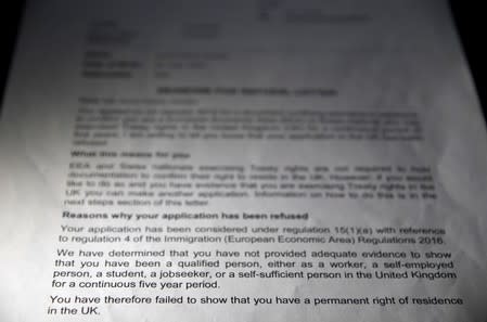 Detail is seen of a letter from The Home Office to Anna Amato at her home in Bristol, Britain