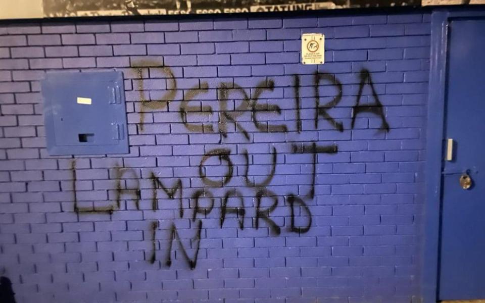 Graffiti spray painted onto Goodison Park tonight protesting against the appointment of Vitor Pereira - @EvertonNewsFeed 