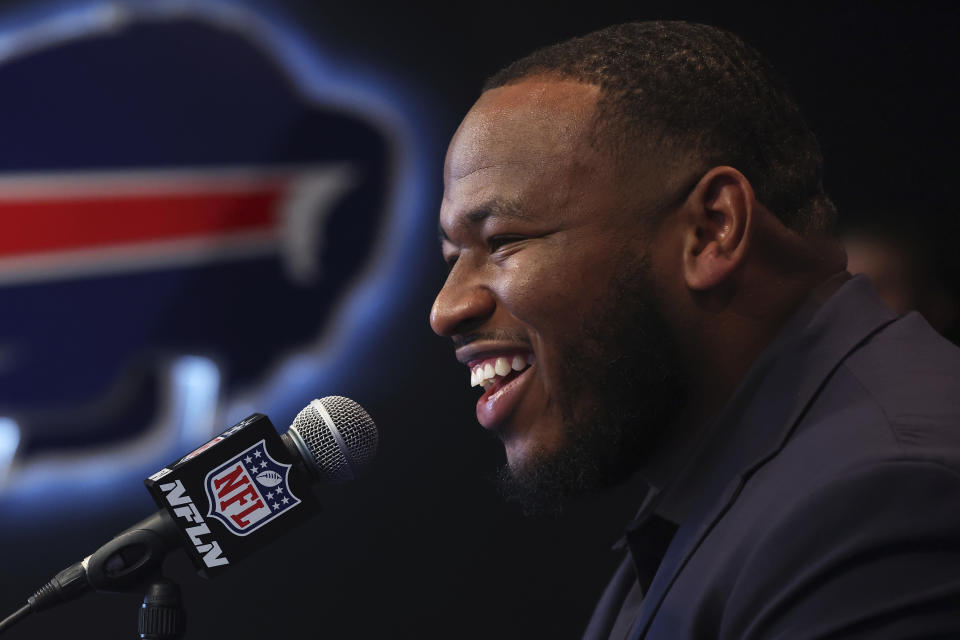 Buffalo Bills third-round draft pick DeWayne Carter addresses the media during an NFL football news conference in Orchard Park, N.Y., Saturday, April 27, 2024. (AP Photo/Jeffrey T. Barnes)