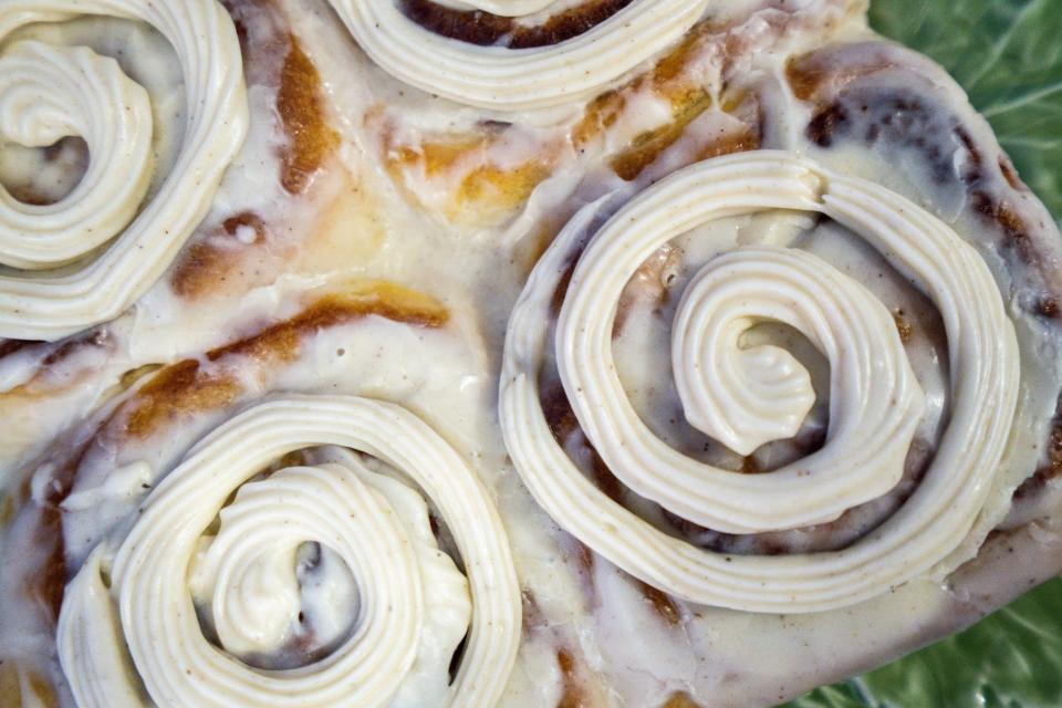 Cinnamon rolls sit in wait for judging during the Great Cinnamon Roll Contest.