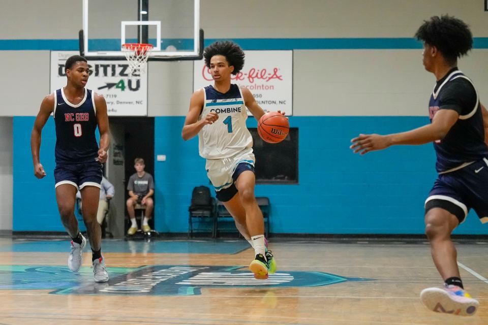 Dec 7, 2022; Lincolnton, NC, USA; Forward Trentyn Flowers handles the ball at Combine Academy. Mandatory Credit: Jim Dedmon-USA TODAY Sports