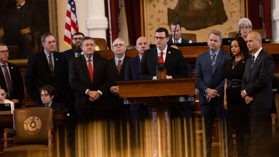 State Rep. Jared Patterson, R-Frisco, speaks during a memorial resolution to remember the life of Bishop Evans, a a Texas National Guard member, on the House floor during session at the state Capitol on April 11, 2023. Evans drowned after jumping into the Rio Grande to save two migrants being swept away by the current in April 2022. (Evan L’Roy/The Texas Tribune)