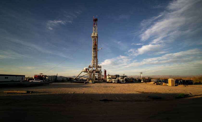 CALIPATRIA, CA - NOVEMBER 9, 2021: Drilling has begun at the Australian company's Controlled Thermal Resources geothermal energy and lithium plant on the south side of the Salton Sea on November 9, 20201 in Calipatria, California. The half-billion-dollar "Hell's Kitchen" project has the potential to supply huge amounts of 24/7 clean energy for the power grid and lithium for electric vehicle batteries and energy storage installations. This will foster a clean energy boom in the Imperial Valley. General Motors has invested in the plant.(Gina Ferazzi / Los Angeles Times)