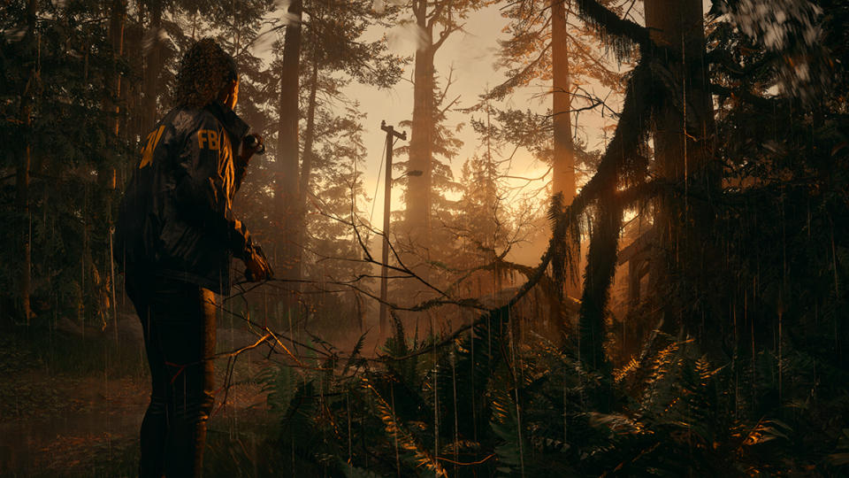 Alan Wake 2; a spooky woodland at sunset