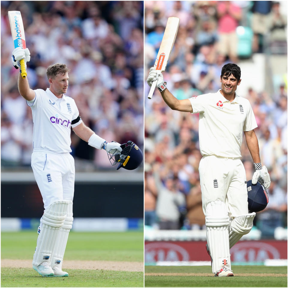 Composite image of Joe Root, left, and Sir Alastair Cook raising their bats to celebrate Test centuries for England