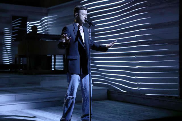 <p>Will Heath/NBC via Getty </p> Justin Timberlake performs on Saturday Night Live on Jan. 27, 2024