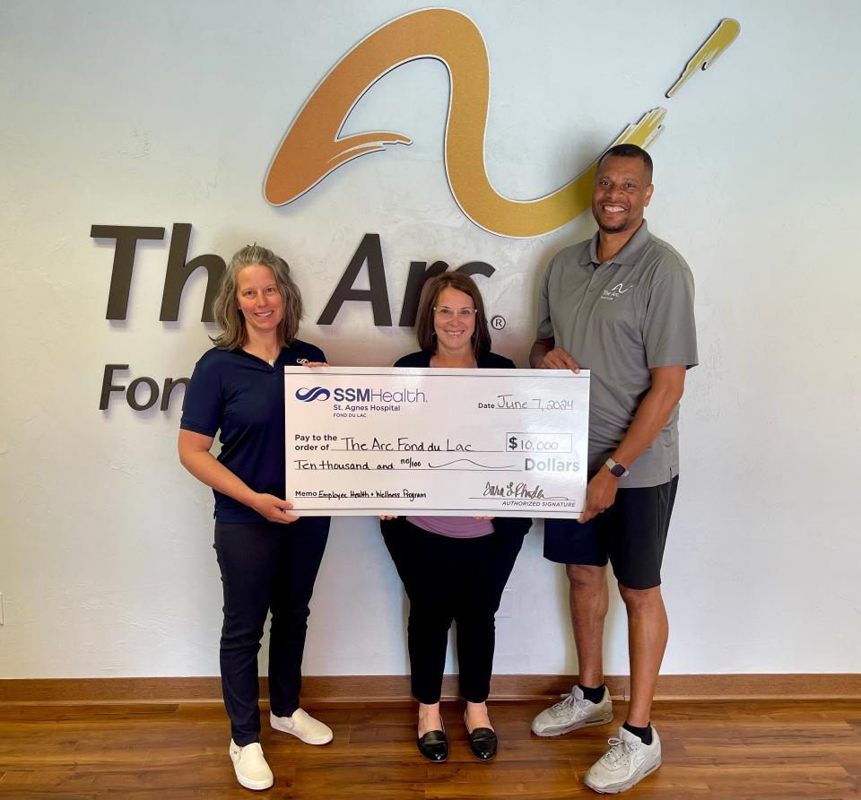 Tara Rhodes (left), Vice President of Operations for SSM Health’s St. Agnes, Ripon and Waupun hospitals, presents a $10,000 donation to The Arc Fond du Lac representatives, from left, Dawn Scannell, executive director, and Grant Monroe, director of development. Funds will be used to introduce a 12-month health and wellness program for its direct support professionals. To learn more, call The Arc Fond du Lac at 920-923-3810 or visit arcfdl.org.