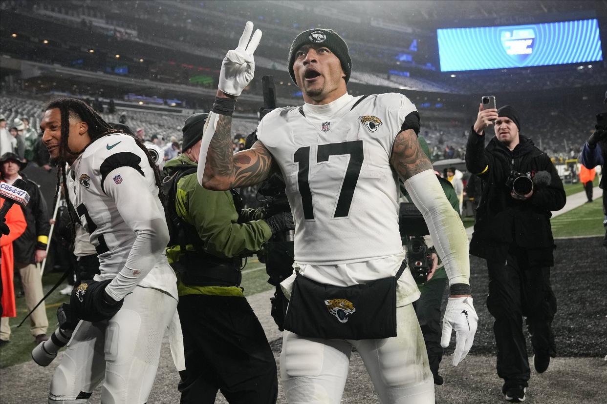 Jacksonville Jaguars tight end Evan Engram (17) reacts after playing against the New York Jets in an NFL football game, Thursday, Dec. 22, 2022, in East Rutherford, N.J. (AP Photo/Seth Wenig)