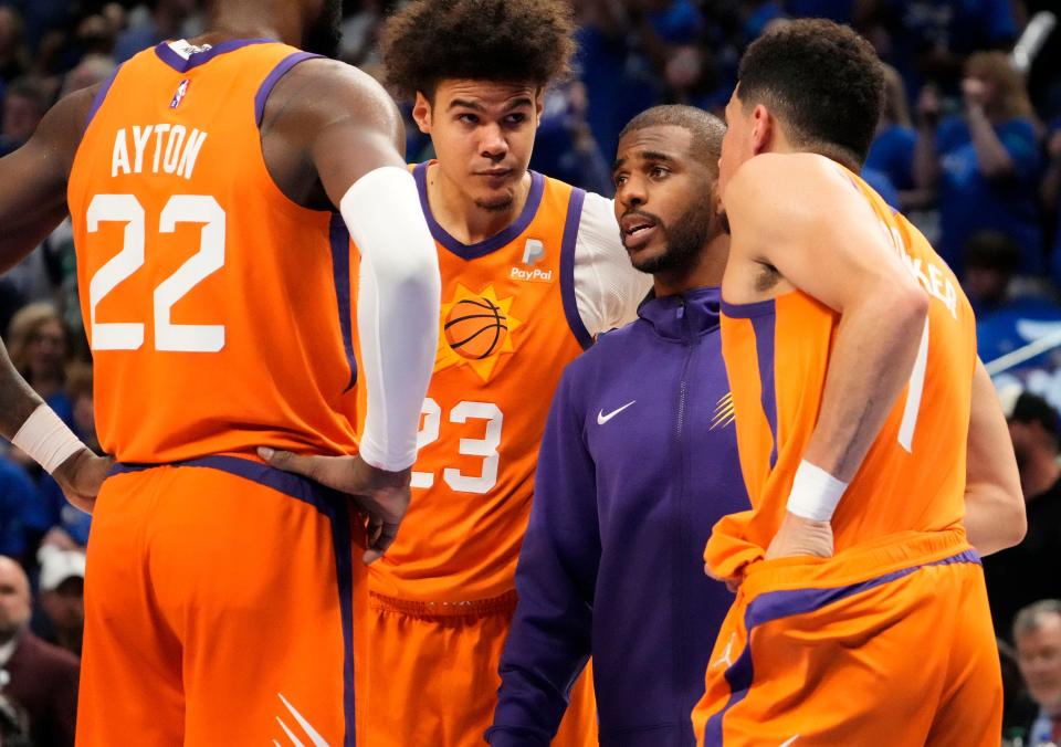 May 8, 2022; Dallas, Texas, USA;  Phoenix Suns guard Chris Paul (3) talks to his teammates after fouling out of the game against the Dallas Mavericks during game four of the second round of the 2022 NBA playoffs at American Airlines Center.