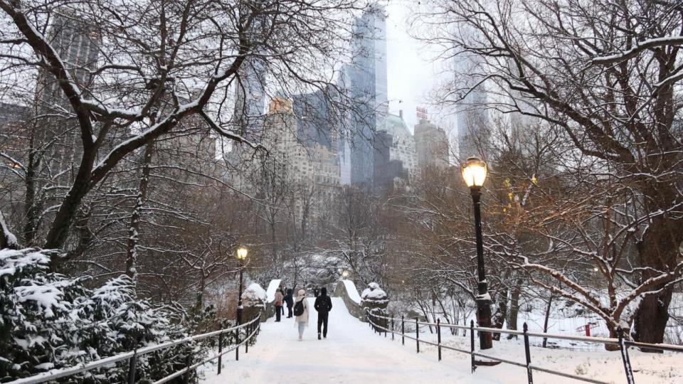 PHOTO: People walk over the Gapstow Bridge during a snowfall in Central Park, Jan. 16, 2024, in New York City. (Gary Hershorn /ABC News)