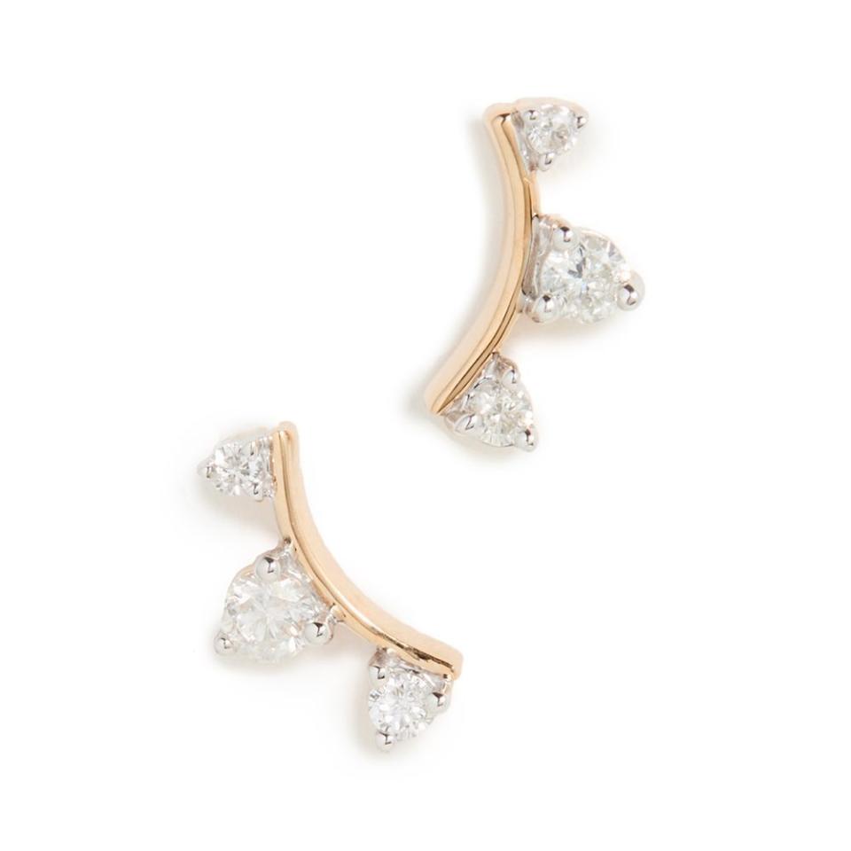 2) 14k Gold Three Diamond Amigos Curve Post Earrings