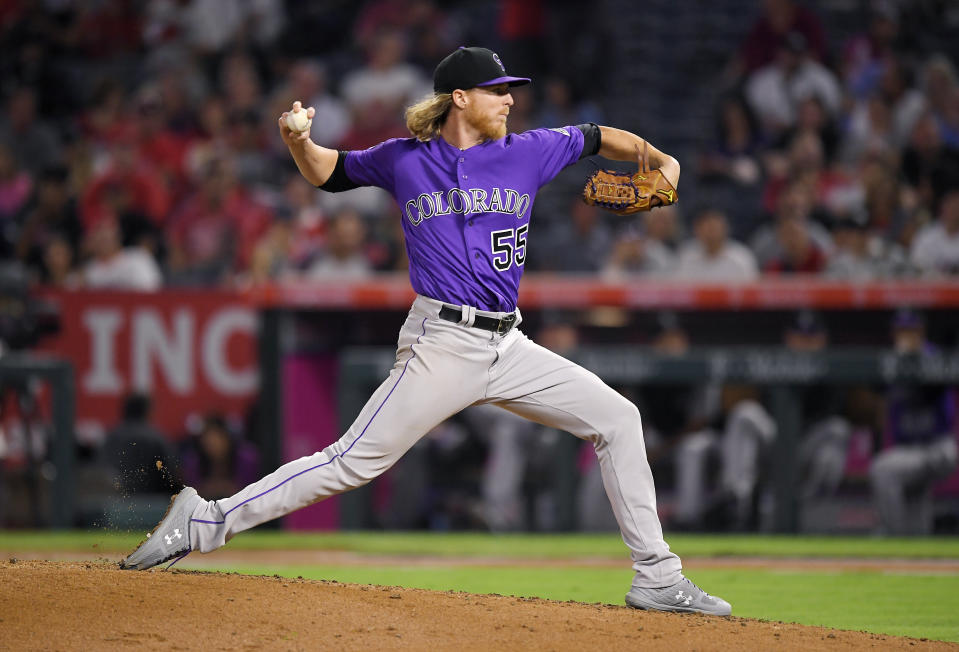 Colorado Rockies starting pitcher Jon Gray throws to the plate during the second inning of a baseball game against the Los Angeles Angels, Monday, Aug. 27, 2018, in Anaheim, Calif. (AP Photo/Mark J. Terrill)