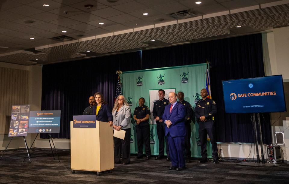 Gov. Gretchen Whitmer speaks to members of the media alongside Mayor Mike Duggan, Detroit Police Chief James White and Kristin Gagnon during a news conference about the Operation Safe Neighborhoods program inside the Detroit Public Safety Headquarters in Detroit on Tuesday, May 16, 2023. The program is a statewide crackdown on crime to reduce gun violence by getting illegal guns off the street and out of the hands of people who cannot legally have a firearm due to prior criminal history.