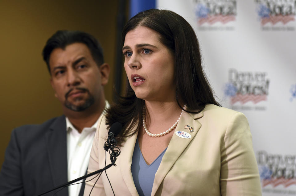 Colorado Secretary of State Jena Griswold speaks at a news conference at the Denver Elections Division in downtown Denver on Tuesday, June 28, 2022. (AP Photo/Thomas Peipert)