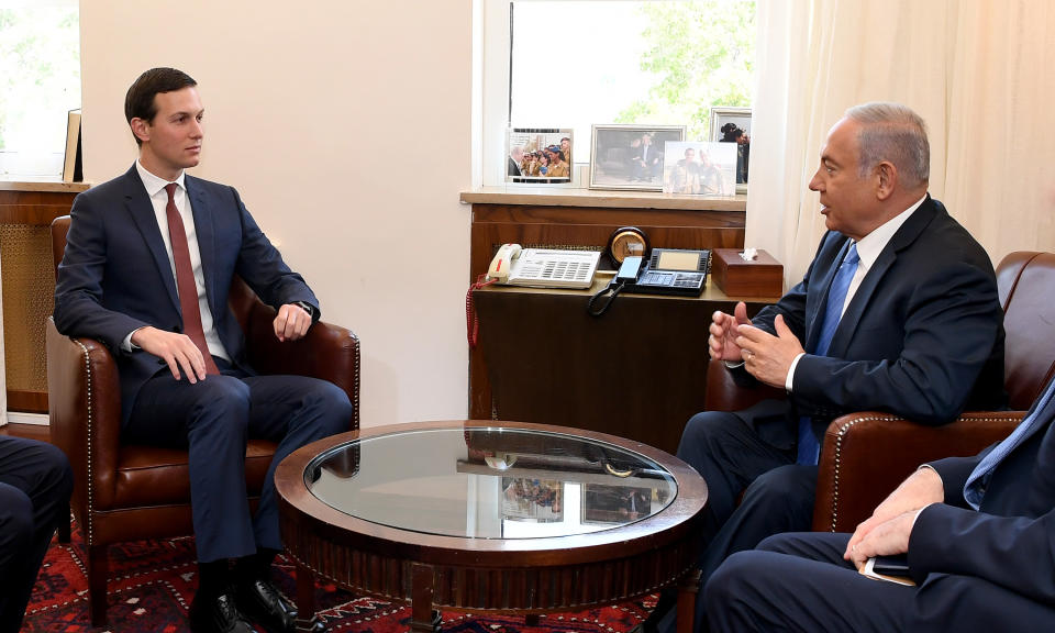 White House advisor Jared Kushner, left, meets with Israeli Prime Minister Benjamin Netanyahu at the Israeli leader’s office in Jerusalem, on Friday. (Photo: Matty Stern/US Embassy Jerusalem /EPA-EFE/REX/Shutterstock)