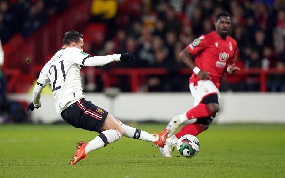 Manchester United's Antony sees his effort saved during the Carabao Cup semi-final, first leg match at the City Ground, Nottingham. Picture date: Wednesday January 25, 2023. - Tim Goode/PA Wire