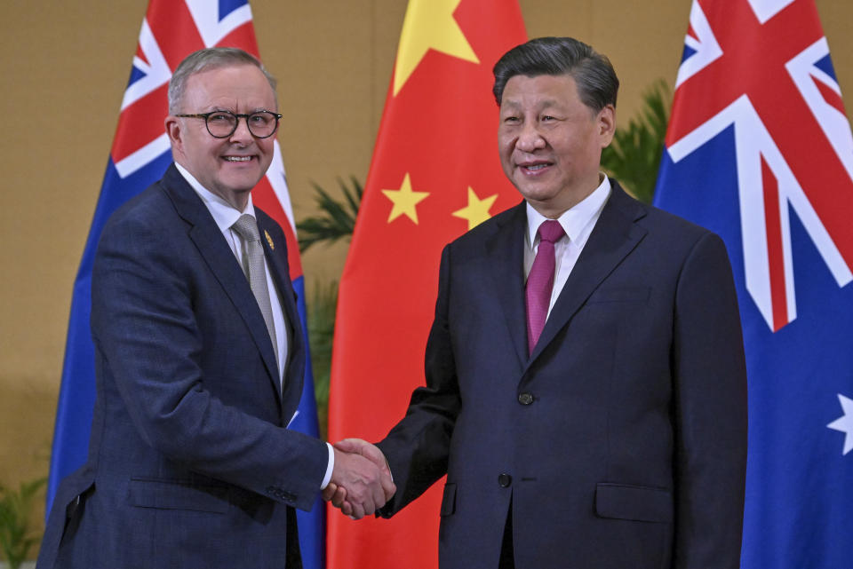 Australian Prime Minister Anthony Albanese, left, meets Chinese President Xi Jinping on the sidelines of the G-20 summit in Nusa Dua, Bali, Indonesia, Tuesday, Nov. 15, 2022. Albanese met with Chinese President Xi Jinping for the first face-to-face talk between the nations' leaders in five years. (Mick Tsikas/AAP Image via AP)