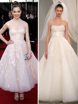 On the red carpet: Hailee Steinfeld in pink Marchesa...Down the aisle: A ball gown by Marchesa