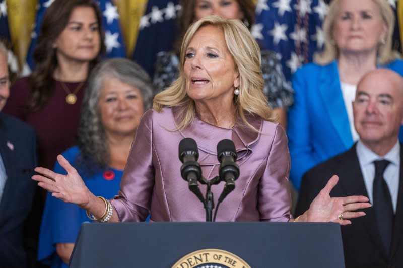 First lady Jill Biden delivers remarks Tuesday during the DACA 12th Anniversary event in the East room of the White House in Washington, D.C., calling the administration's action to streamline the process for immigrants to obtain legal status an "action our nation needs to thrive." Photo by Shawn Thew/UPI