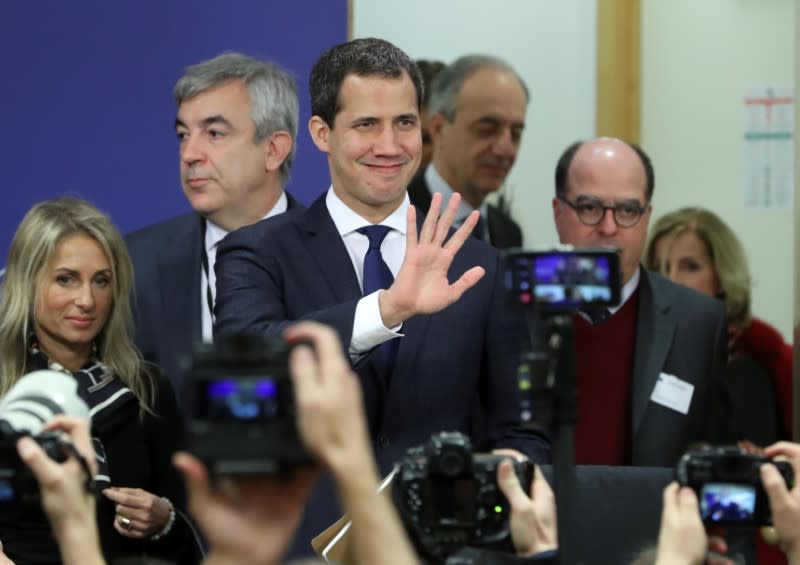 FILE PHOTO: Venezuelan opposition leader Juan Guaido arrives at a news conference at the European Parliament in Brussels