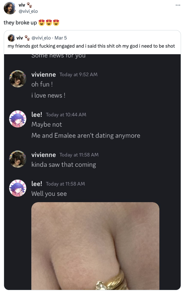 Twitter post from @vivi_elo about a breakup, with a screenshot of a Discord chat discussing a friend's engagement and breakup