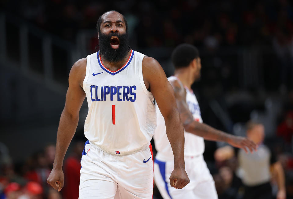 ATLANTA, GEORGIA - FEBRUARY 05:  James Harden #1 of the LA Clippers reacts after hitting a three-point basket against the Atlanta Hawks during the first quarter at State Farm Arena on February 05, 2024 in Atlanta, Georgia.  NOTE TO USER: User expressly acknowledges and agrees that, by downloading and/or using this photograph, user is consenting to the terms and conditions of the Getty Images License Agreement.  (Photo by Kevin C. Cox/Getty Images)
