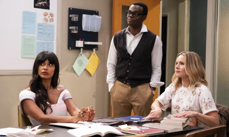 Jameela Jamil as Tahani, William Harper Jackson as Chidi and Kristen Bell as Eleanor.